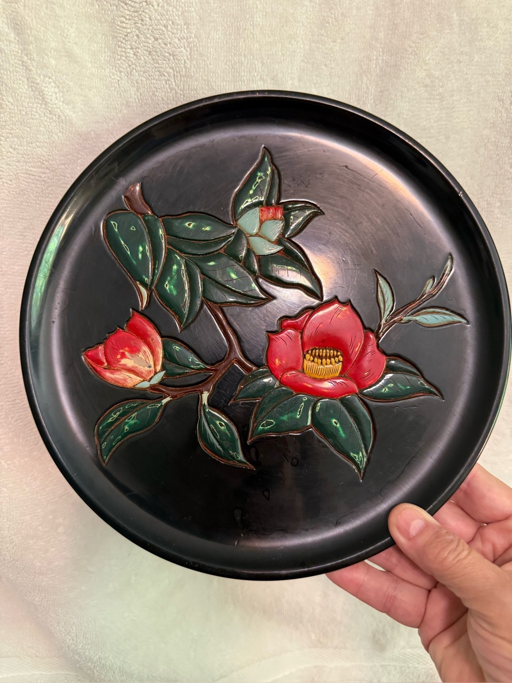 Japanese carved lacquered round tray,1900s